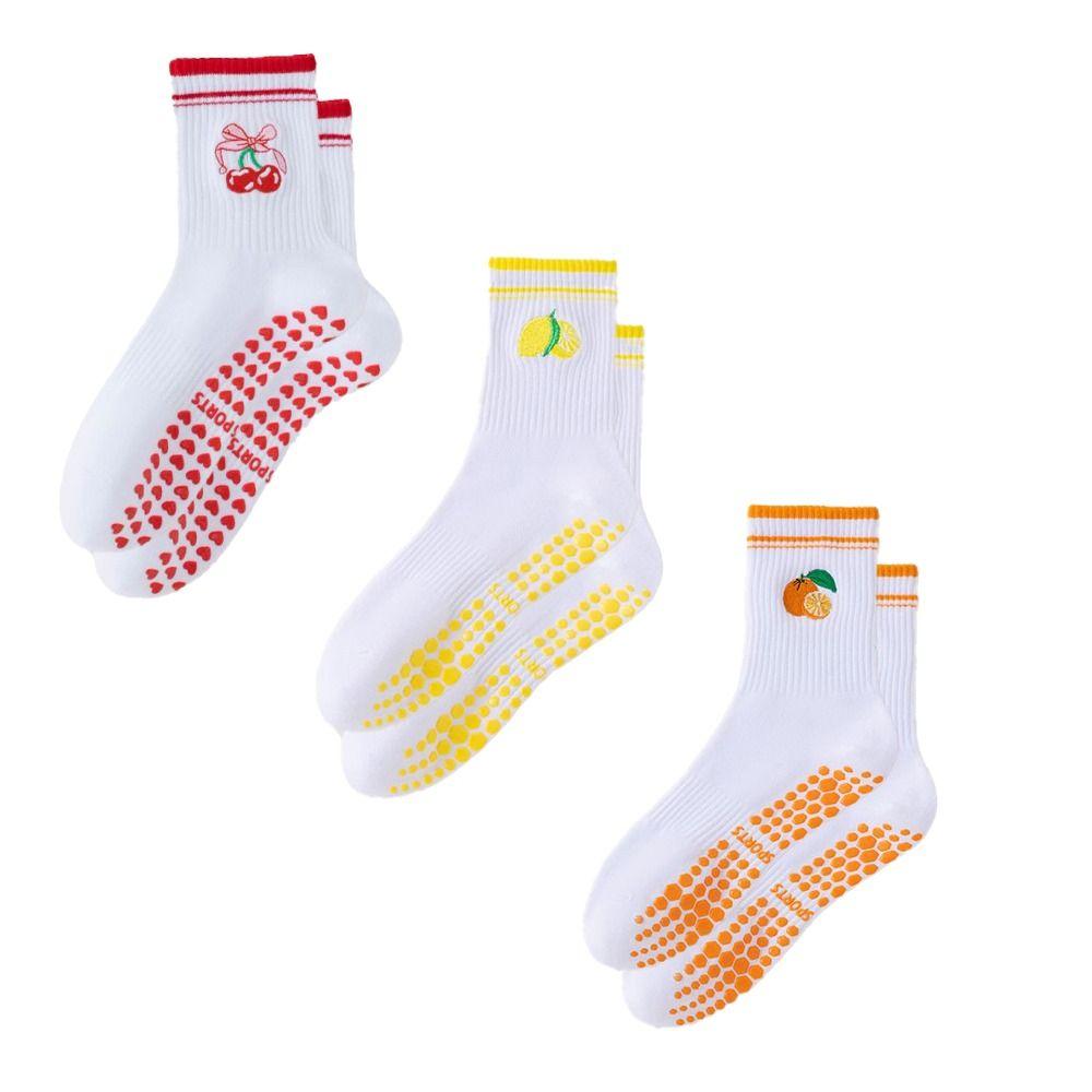New Cotton Pilates Socks Harajuku Street Sweat-absorbent Cherry Embroidery Socks Casual Non-Slip Grip Mid Tube Socks