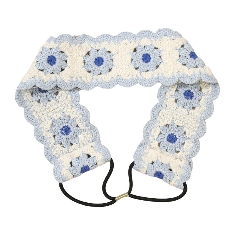Elegant Crochet Flower Head Scarf Wide Hairband for Women Teens Girl Elastic Headwrap for Music Festival Travel Props