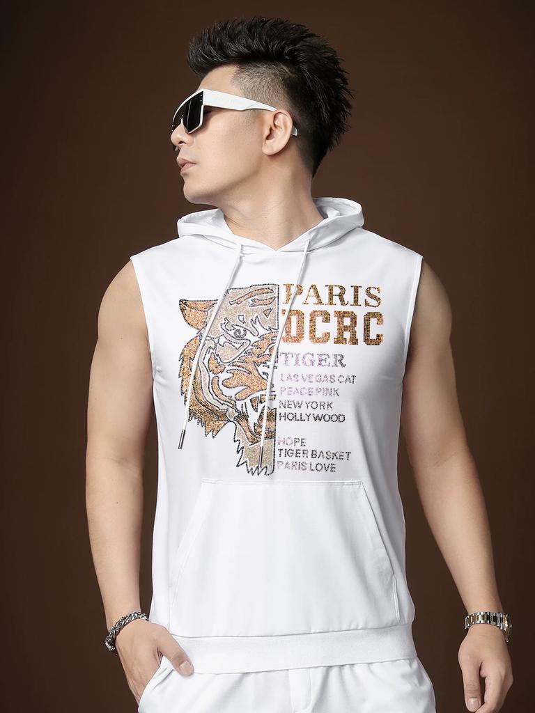 Summer Thin Men's Outerwear Tiger Rhinestone Hooded Sleeveless T-shirt Vest Fashion Casual Sports Waistcoat Men's Clothing