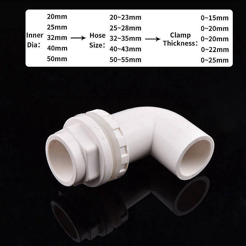 I.D20~50mm PVC 90° Bogen Ablaufverbinder Aquarium Fischbecken Überlaufverbinder Wassereinlass Auslass Zuleitung DIY Ablaufverschraubungen
