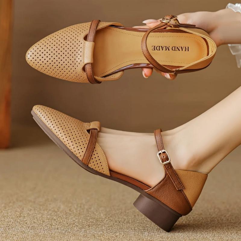 Fashion 2025 women's sheepskin mix color patchwork hollow-out ankle strap flats sandals pointed toe casual  summer shoe