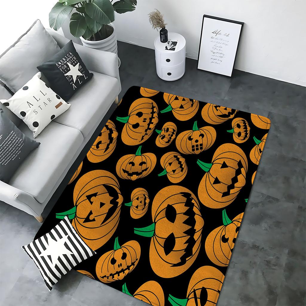Halloween Themed Rectangular Rug Diverse Pumpkin Black Cat Patterns Soft Non Slip Carpet for Living Room Bedroom Decor