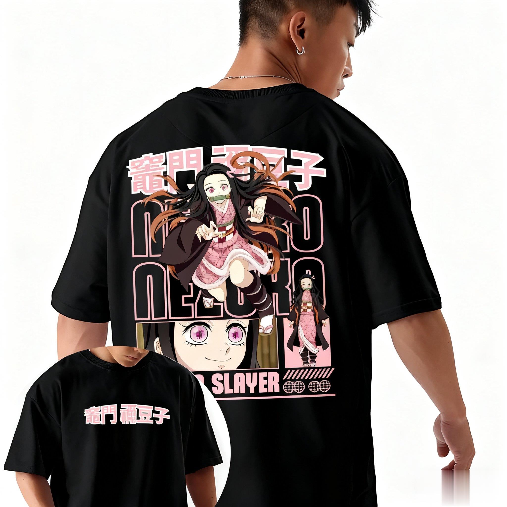 Anime Demon Slayer Vintage Oversized T-Shirt Herren Damen Kurzarm Tee Sommer Kamado Nezuko Aufdruck Lässige Tops Streetwear Y2k M black