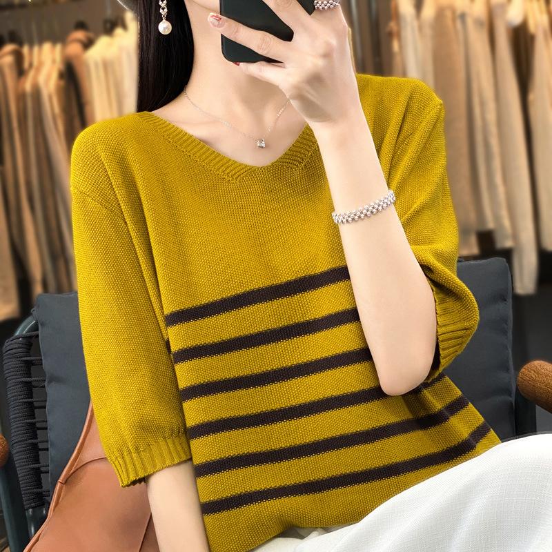 

V-neck Cotton and Linen Sweater Short-sleeved Women s Summer New Style Striped Loose Large Size Versatile Five-point Sleeve T-shirt Thin Top M