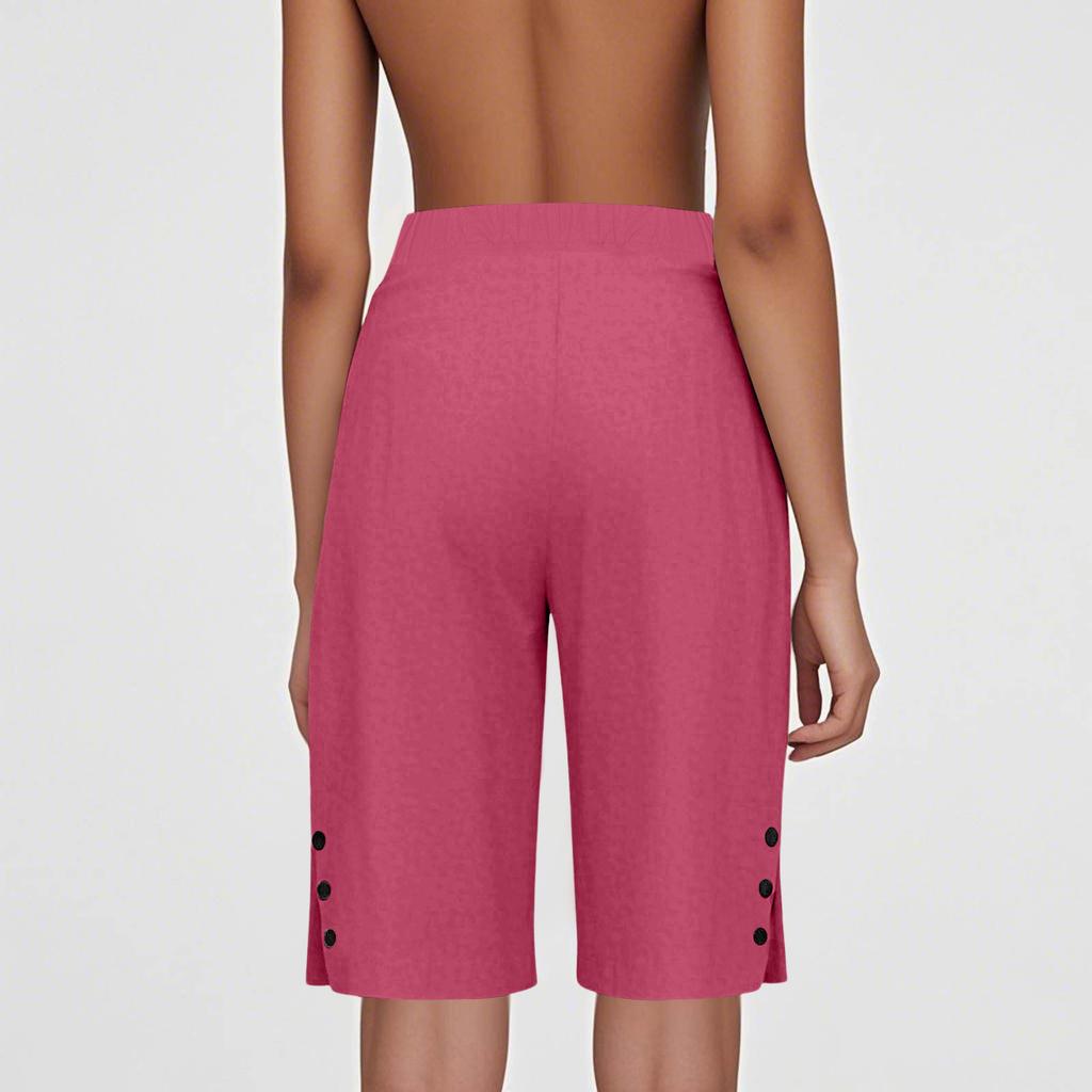 Dámské módní volné bavlněno-lněné směsové kalhoty s kapsami a elastickým pasem - Krátké šortky