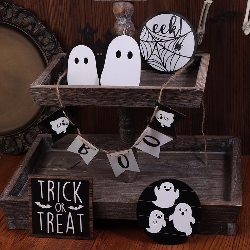 Halloween Tiered Tray Decor Set Cute Wooden Black White Tray Wooden Sign Ghost Wooden Halloween Theme Party For Home Decoration