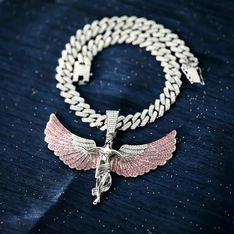 Collier avec Grand Pendentif Ailes d'Ange en Alliage de Zinc Incrusté de Zircon pour Hommes et Femmes, Bijou Simple Cadeau Style Hip-Hop Personnalité Luxe Léger