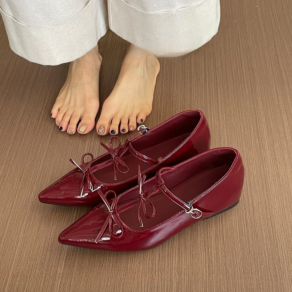Inner Height Increase Patent Leather Pointed Mary Jane Shoes Women's Shoes Spring 2025 New Shallow Bow French Small Single Shoes