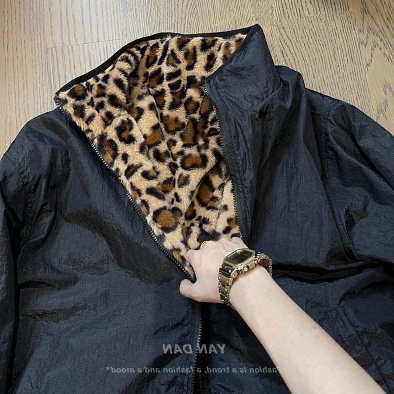 Męska Modna Vintage Leopard Print Dwustronna Bawełniana Kurtka z Pogrubionym Futerkiem Anty-Króliczym - Amerykański Retro Zimowy Płaszcz