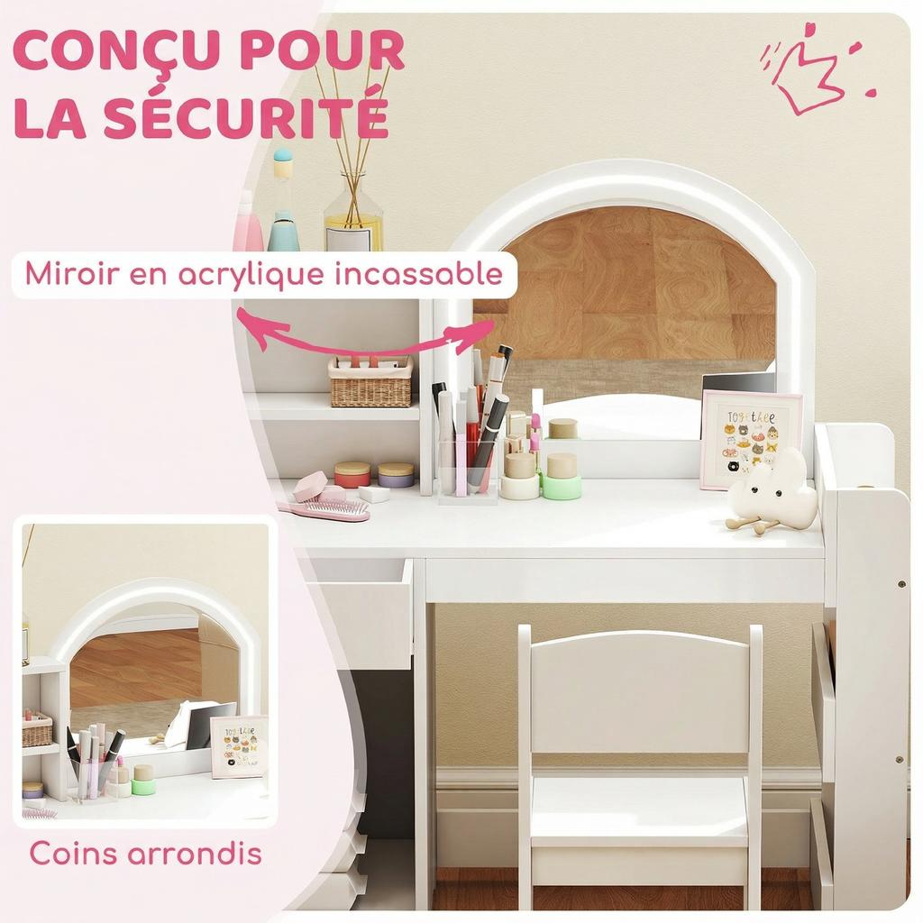 Children's Dressing Table with Stool and LED Mirror, for Ages 3-8, 88.6 x 38.8 x 96.9 cm, White