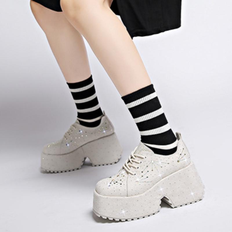 Small Height-enhancing Shoes for Women, Fashionable, Star-studded Rhinestones, Autumn Thick-soled, Light Luxury Low-top Shoes