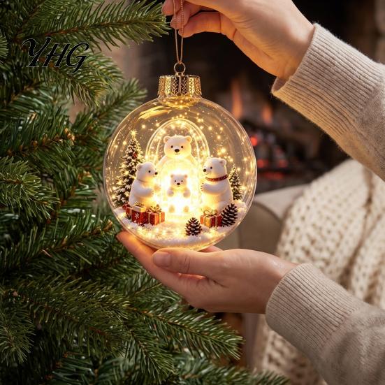 Glowing Christmas Tree Ornaments Lighted Ball Ornaments, 3D Miniature Scene Hanging with Warm LED Led Globes Light, Clear Acrylic Bauble Decoration