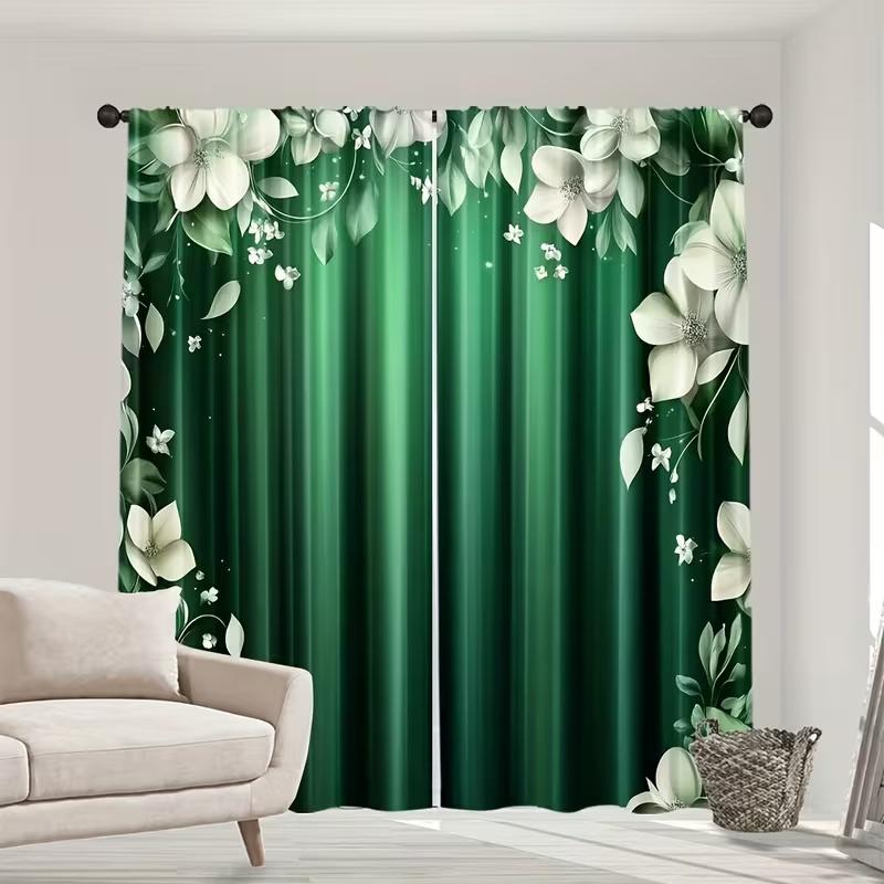2 Pcs Green Flowers Print Curtains,suitable for Bedroom,living Room Kitchen Decoration,home Decoration,window Decoration