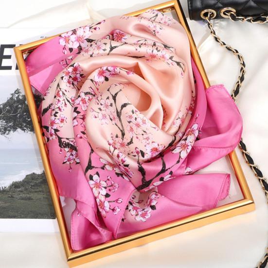 Sunscreen Exquisite Decorative Faux Silk Scarf Women Elegant Peach Blossom Pattern Square Shawl Costume Accessories