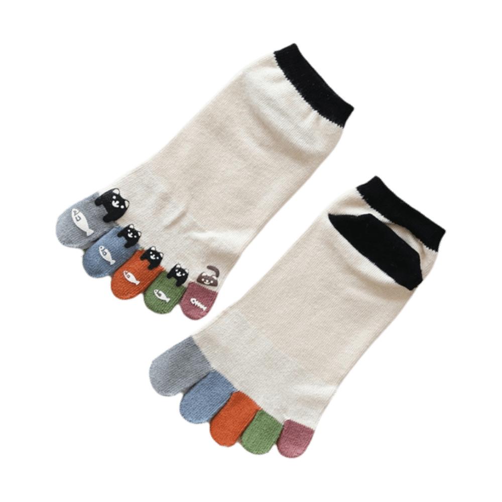 Breathable Tabi Toe Socks Funny Cat Pattern Seperated Toe Socks Athletic Ankle Socks  Casual Use
