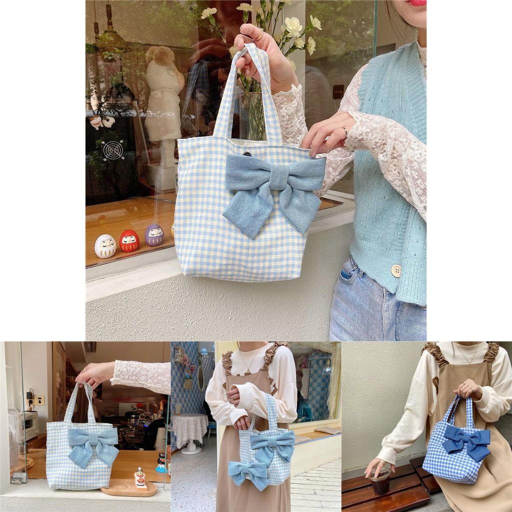 Trendy Light Blue Checkered Bowknot Handheld Tote Bag For Japanese Students