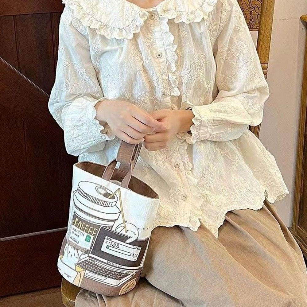 Large Capacity Cartoon Coffee Cat Bucket Bag Korean Style Lunch Bag Mummy Bag  Storage Bag