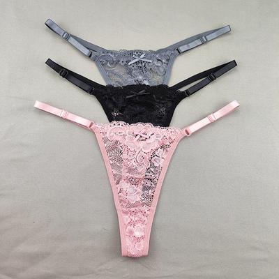 3ks dámská krajková vyhloubená tanga Dámské tenké průhledné G-struny Sexy bezešvé kalhotky s ultra nízkým vzestupem Perspective Bow Knickers