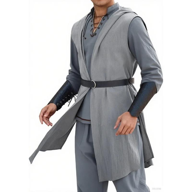 Men's Renaissance Ranger Costume Hooded Surcoat Medieval Knight Sleeveless Viking Holloween Cloak
