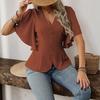Fashion Chic Deep V Neck Solid Single Button Waist Slimming Women's Short Sleeve Top