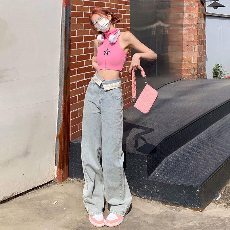 

Women s 2023 Wide Leg Designer Cuff Jeans: Spring/Autumn High Waist, Floor-Length, Slimming, Loose Fit 3XL синий