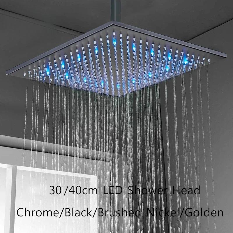 Rainfall Shower Head LED Light 12/16" Large Brass Rainfall Shower Faucet Head Square Shape/Color Changed