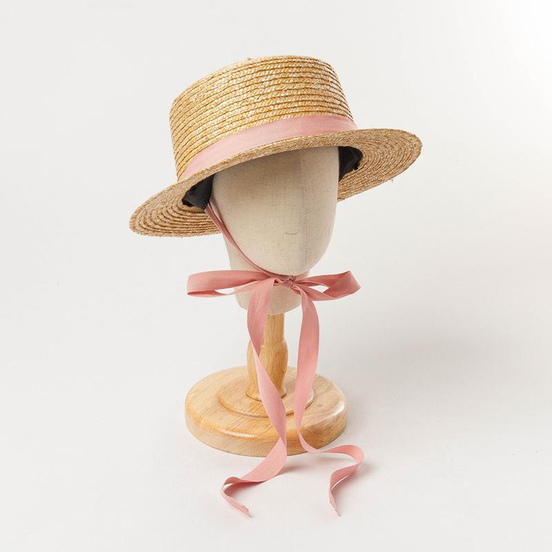 Children's spring and summer new straw flat-top straw hat with straps, outdoor beach travel, sunshade and sun protection, wide-brimmed straw hat