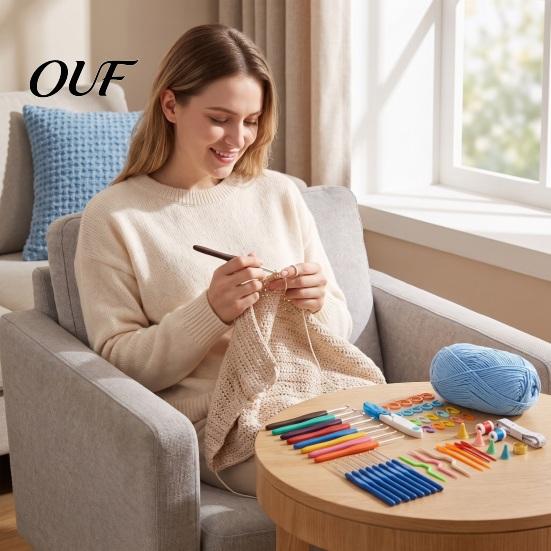 Soft Grip Crochet Hooks Metal Set, Includes Yarn Needles Stitch Markers Tape Measure, with Supplies Storage Case Case, Rubber Handle Hooks, Tools for