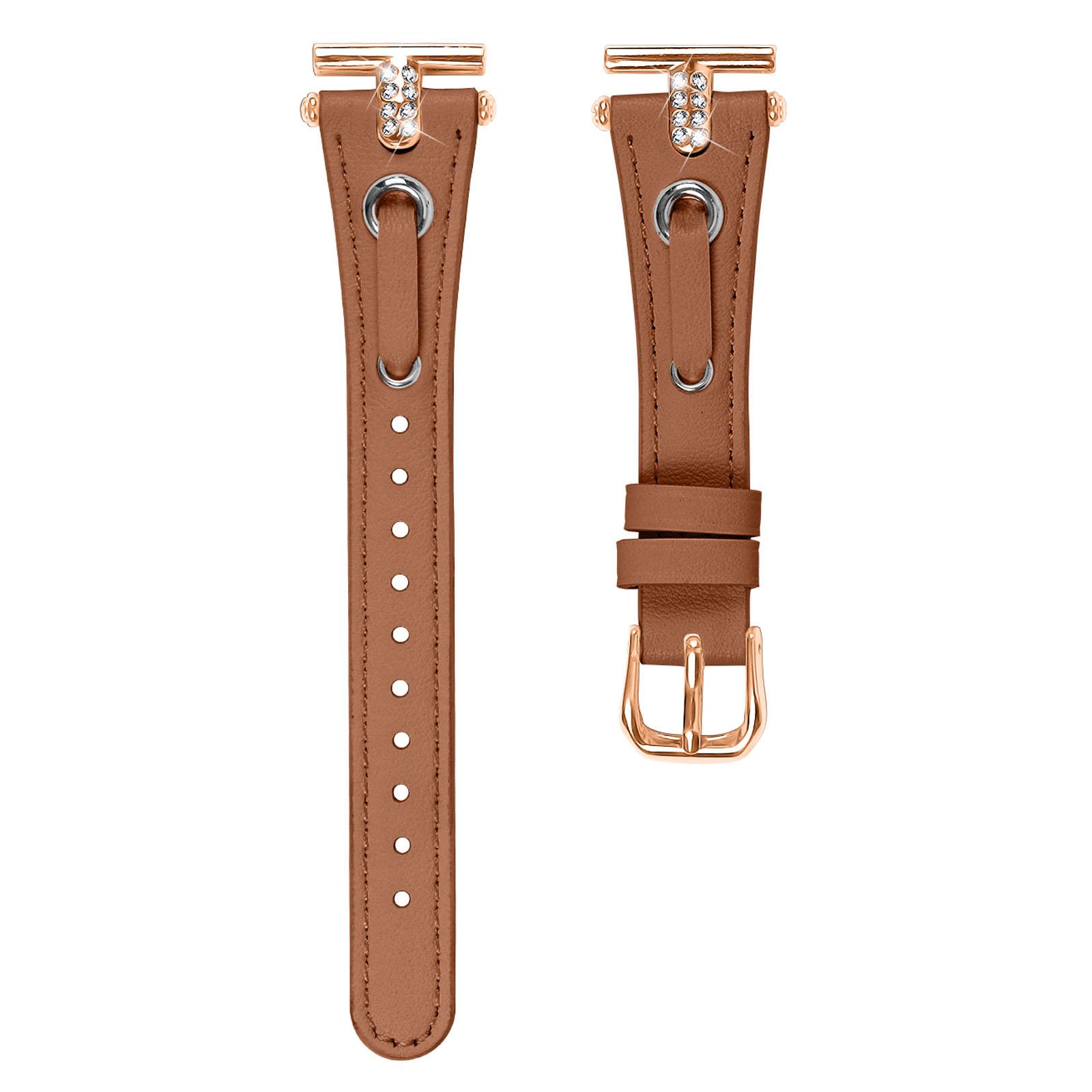 

For Garmin Vivomove/Vivomove HR Watch Band Replacement Genuine Cow Leather Rose Gold Buckle Strap with Rhinestone Decor Brown