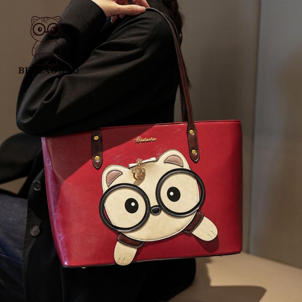 Women'S Large Capacity Red Tote Bag With Cute Panda Face Heart Cutouts Casual Outing Bridal Party Accessory Playful Design Fashion Handbag Lovers