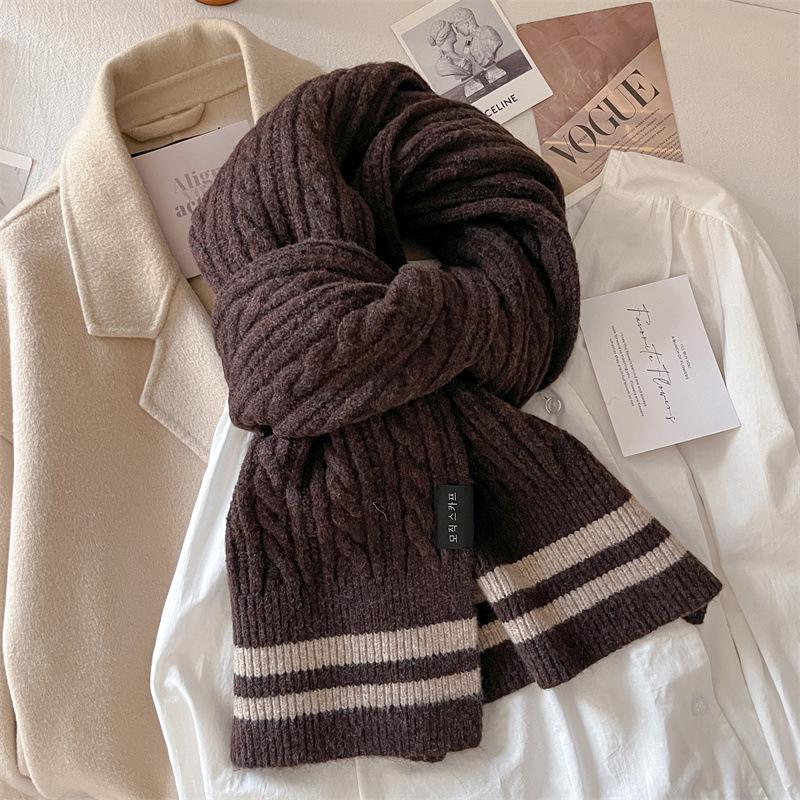 Striped two-color wool knitted scarf women's winter versatile trend cute girl student warm scarf
