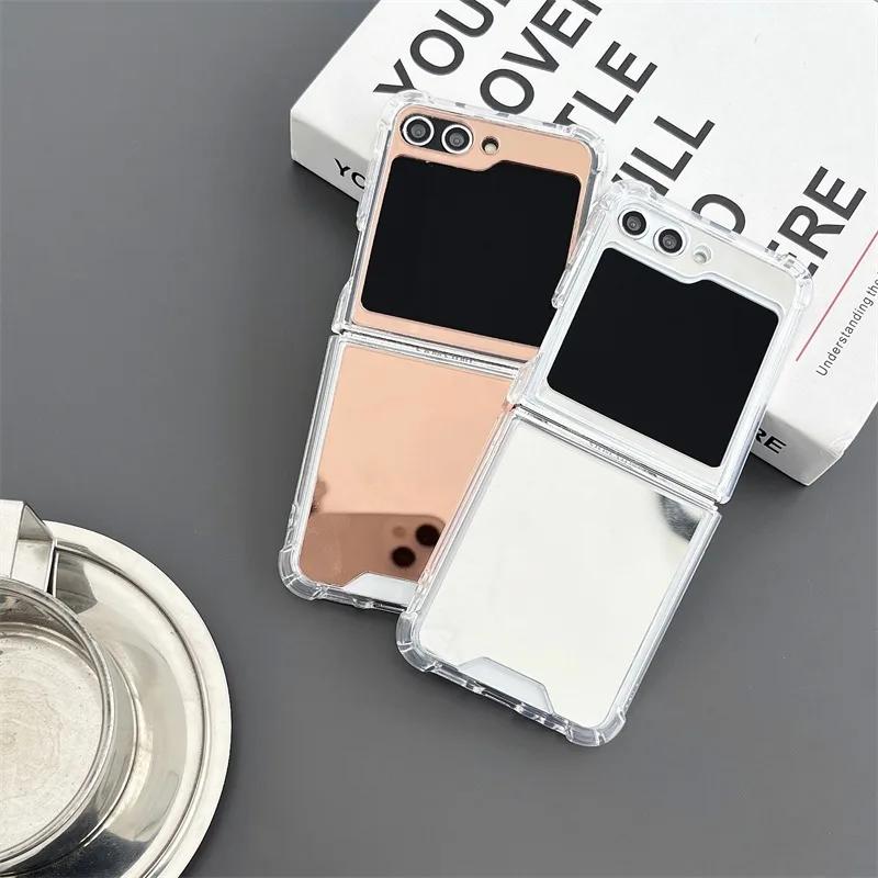 Luxury Mirror Make Up Slim Case for Samsung Galaxy Z Flip 6 5 4 3 7 ZFlip 7 Flip6 Solid Color Airbag Shockproof Ultra Thin Cover