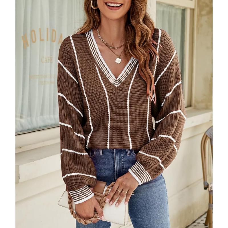 New Autumn and Winter Knitted Sweater Women's Top V-neck Contrasting Color Striped Pullover Loose Sweater Women