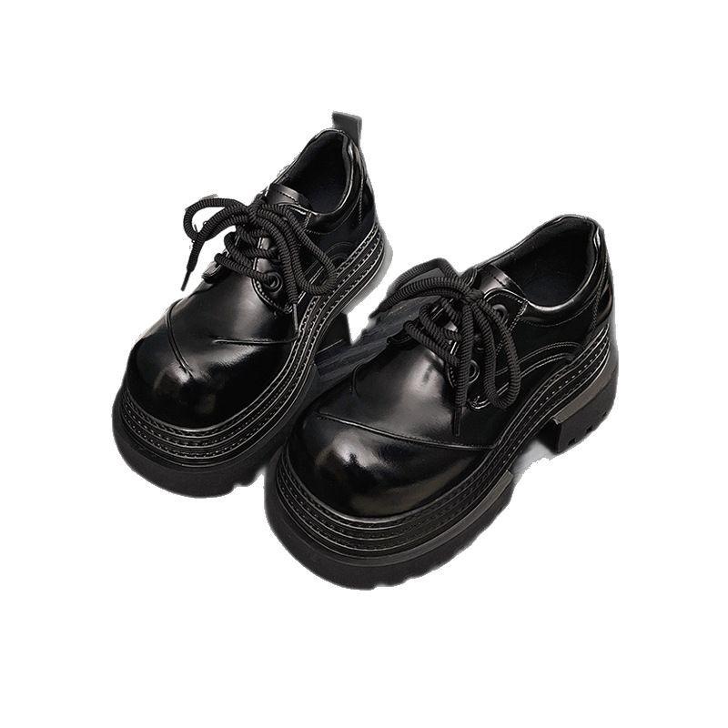 British Style Round Head Platform Small Leather Shoes 2025 New Spring and Summer Lace-up Derby Shoes Small Heightening Loafers