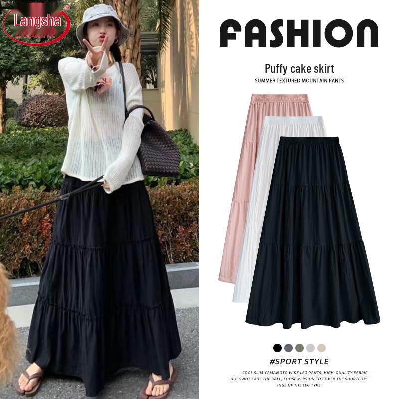 LANGSHA Women's High-Waist Pleated A-Line Long Skirt