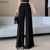 ZANZEA Womens Casual Solid Color Loose Chiffon Splice Wide Leg Pants