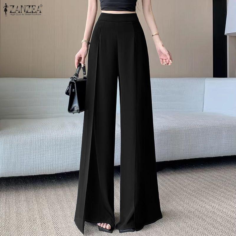 ZANZEA Womens Casual Solid Color Loose Chiffon Splice Wide Leg Pants