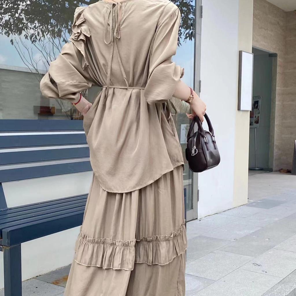 Korejský asymetrický volánkový top Dámské volné šněrování v pase zeštíhlující vydutá závěsná sukně s velkým švihem 2 dva kusy