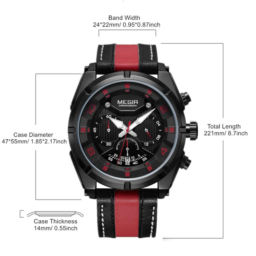 Megir Chronograf Sportovní hodinky Muži Quartz Náramkové hodinky Hodiny Móda Kožené Armádní Hodinky Hodina Čas Relogio Masculino
