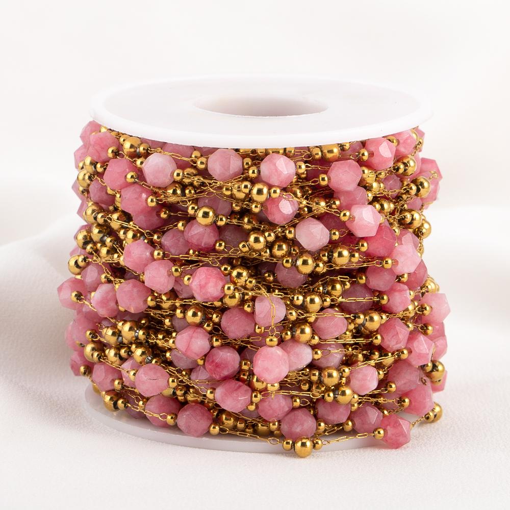 1meter Irregular Romantic Pink Stone Beaded Chain Stainless Steel Necklaces Chains Boho Anklet Bracelets for DIY Jewelry Making