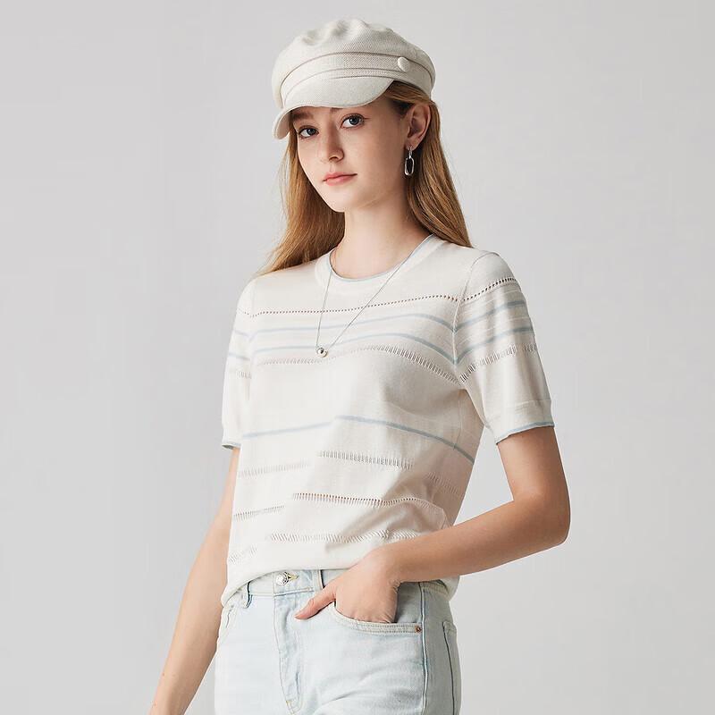 Women's Mulberry Silk Blend Striped Knit T-Shirt