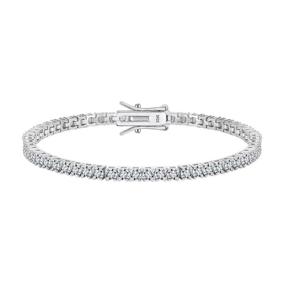 Mirror Polished Solid S925 Silver Flat Slim Tennis Bracelet VVS Micro Moissanite Dual Lock Anti-Slip Clasp