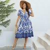 Neues Sommerkleid für Damen mit kurzen Ärmeln, V-Ausschnitt, bedruckt, mittellanges Kleid mit Temperament, Eleganz, schlankes Strandkleid in Übergröße, lässig, atmungsaktiv, dünnes Kleid mit Gürtel