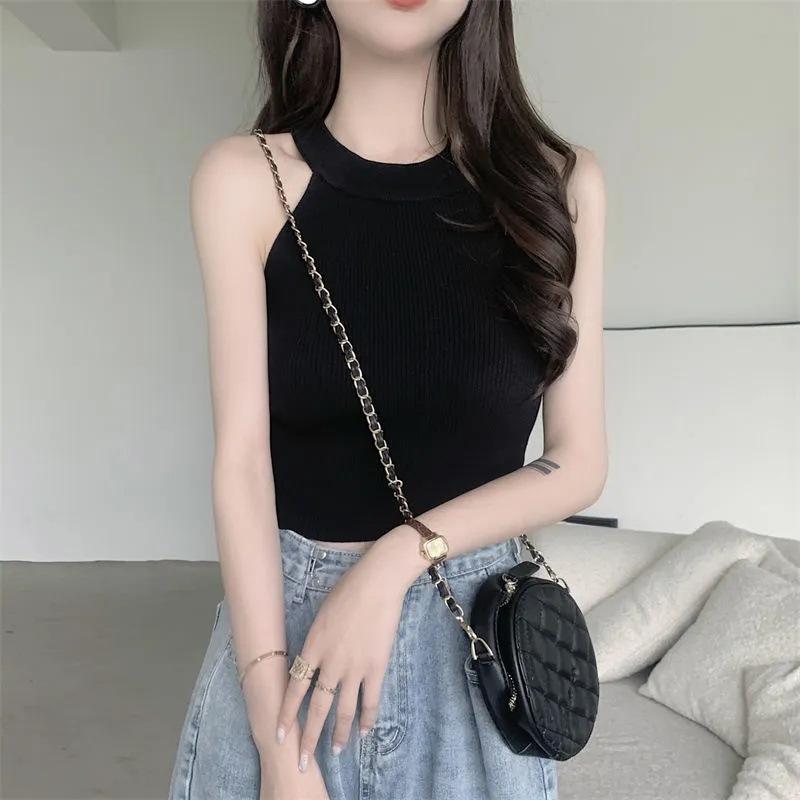 Personality Sleeveless Narrow Shoulder Sexy Vest Hanging Neck To Wear Slimming Waist Crop Thread Knit Top
