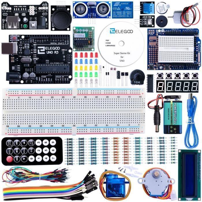Elegoo super starter kit avec guide d'utilisation, 5v relai, uno r3, module d'alimentation, servo motor, 9v batterie avec dc, carte
