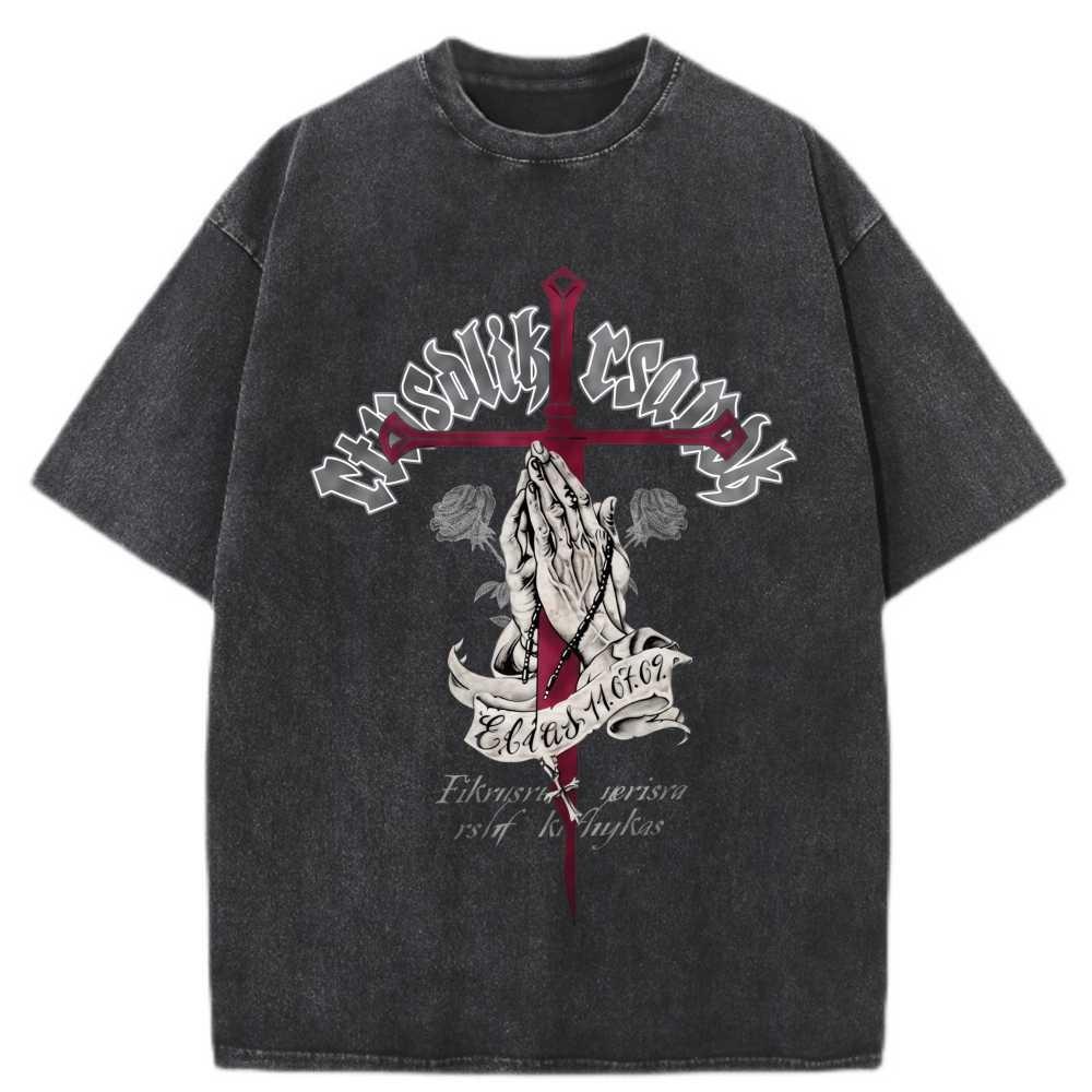 100% Cotton Oversized T-Shirt Cross Praying Hands Vintage Streetwear Unisex Tee M