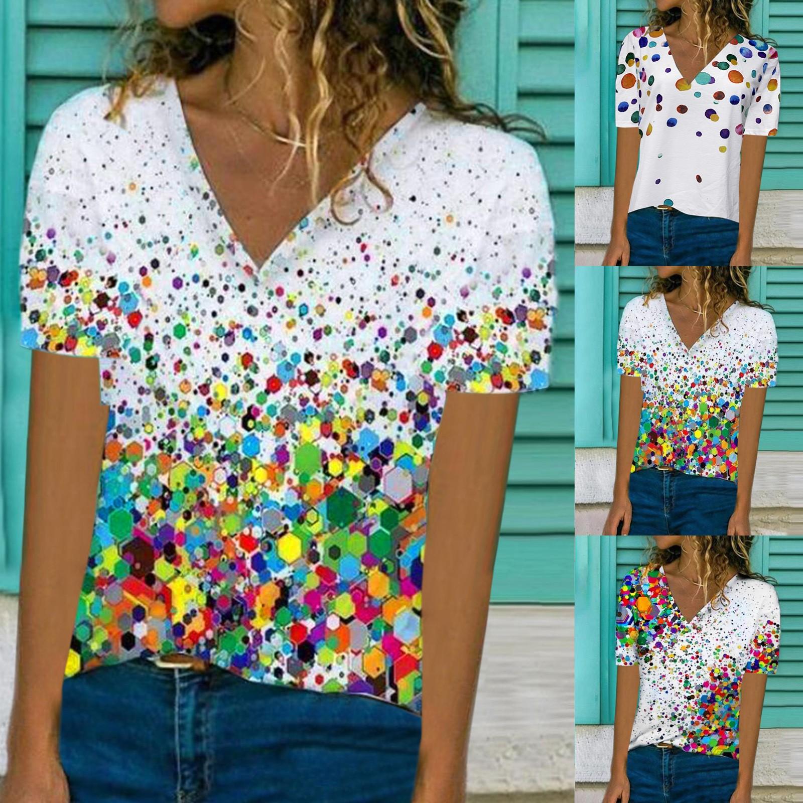 

Женская цветная футболка в горошек с v-образным вырезом и коротким рукавом