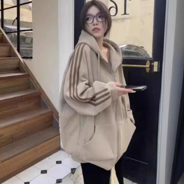 American Retro Fleece-Lined Hooded Cardigan - Plus Size, Long Sleeve Winter Sweatshirt for Women