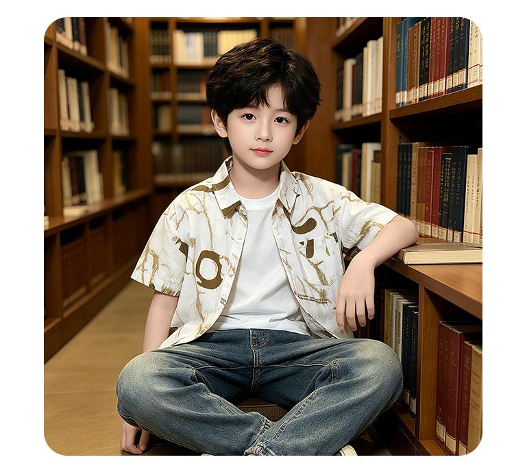 Boys' Collar Shirt Summer Men's Treasure Casual White Pure Cotton Children's Shirt