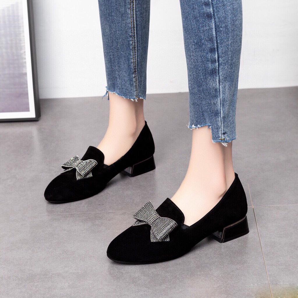 Single shoes women's spring new black sheepskin low heel bow women's shoes low top one pedal